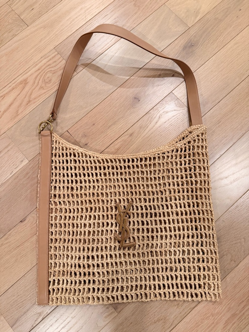 Saint Laurent Tan Raffia Shoulder Bag with Gold YSL Logo
